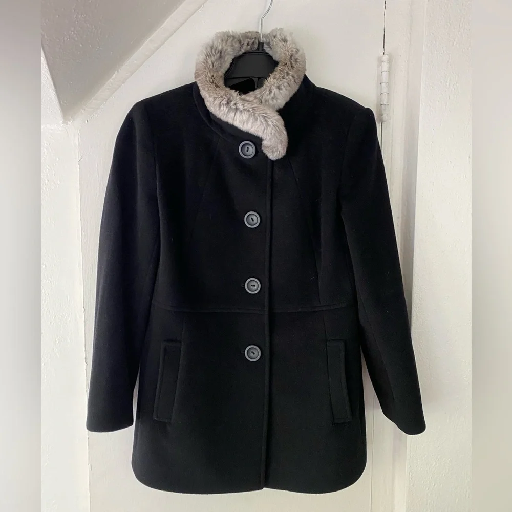 Cinzia Rocca Due Black Wool Cashmere Gray Rabbit Fur Collar Size 6